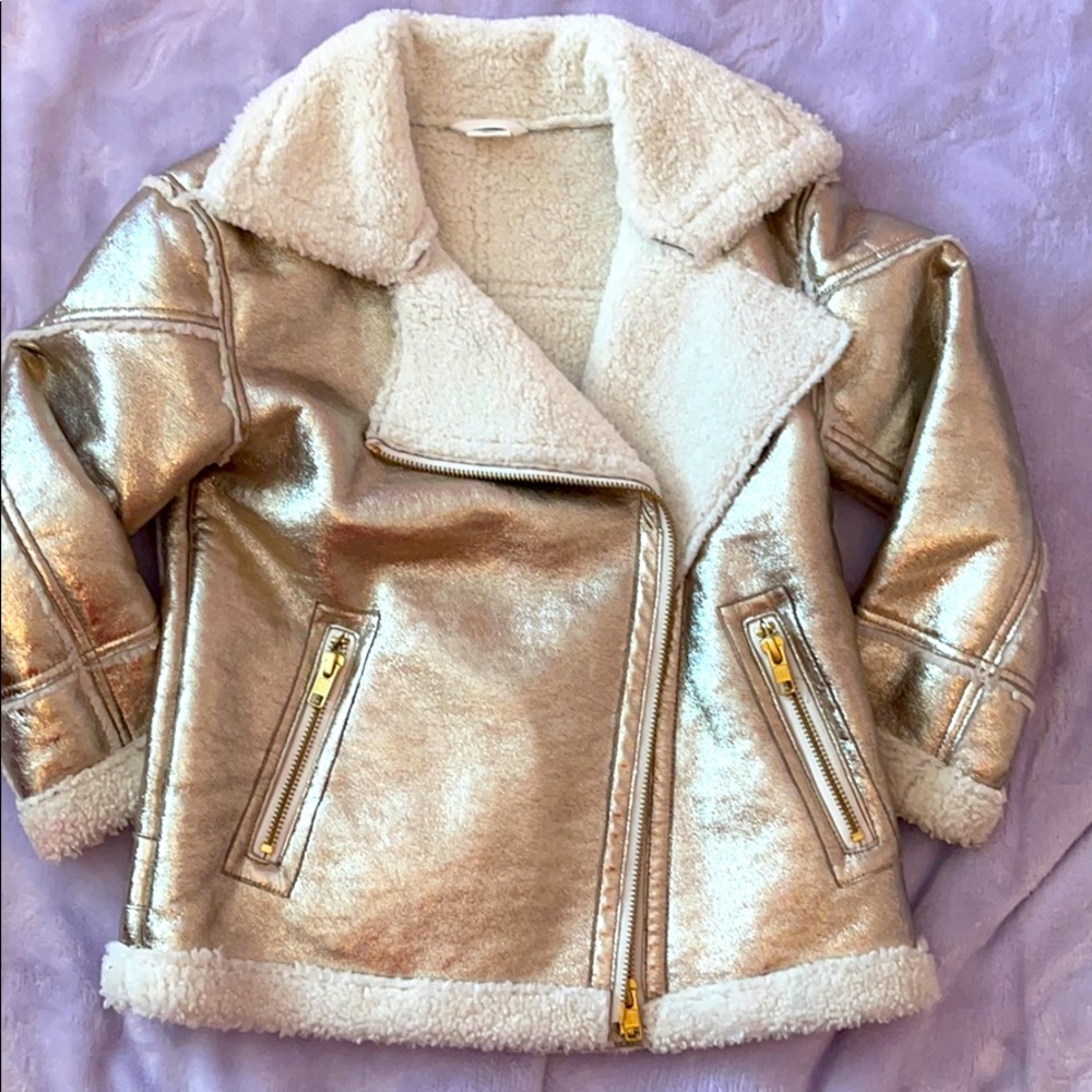 COPY - Metallic Gold Sherpa lined moto jacket Girls